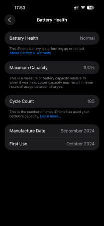 Lietots. iPhone 16 Pro Max ar iDeal garantiju līdz 16.10.2026. Battery Health 100%. Black Titanium. Battery Health 100%.